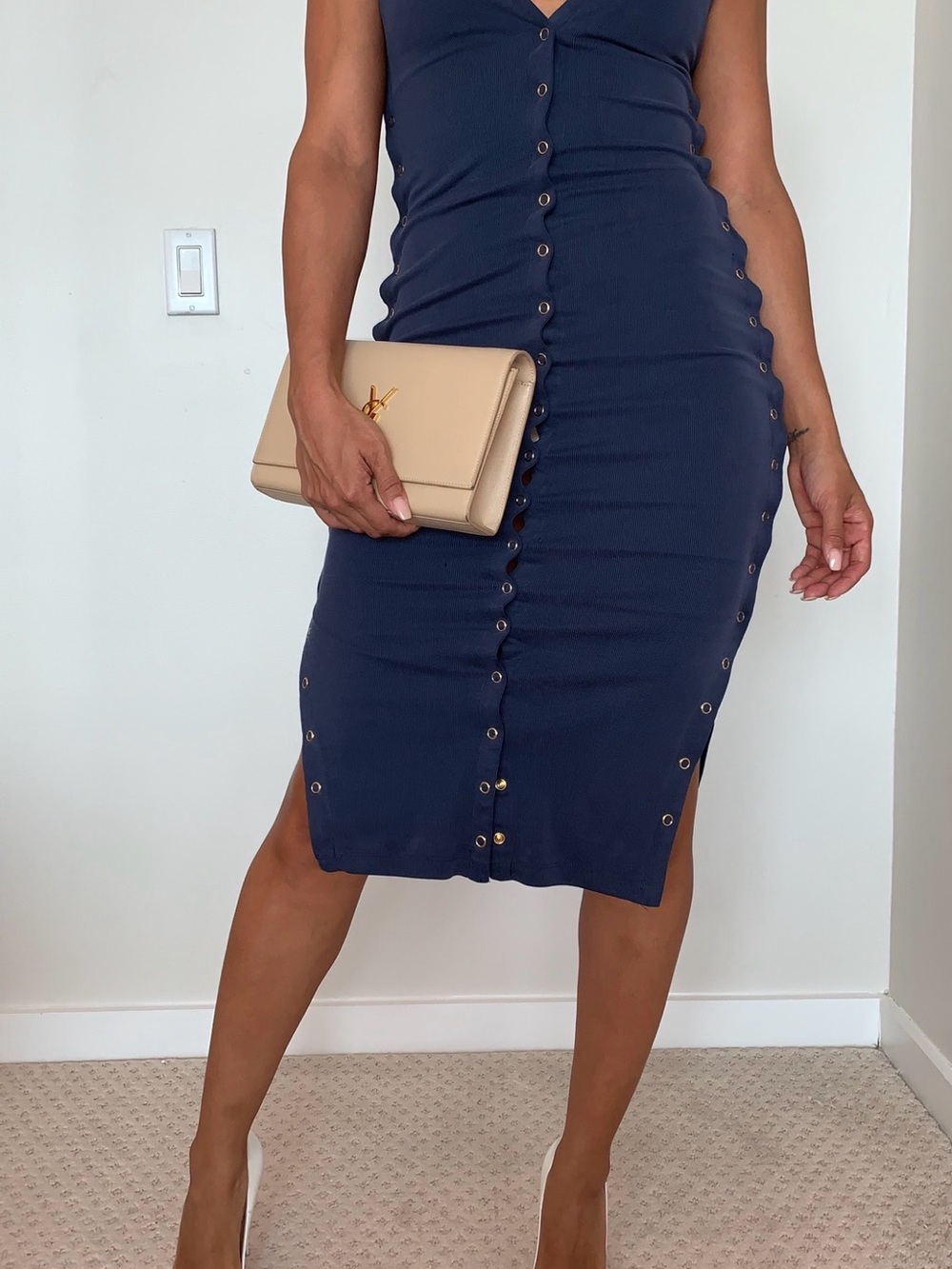 Sleeveless Navy V-Neck Eyelet-Trim Midi Dress